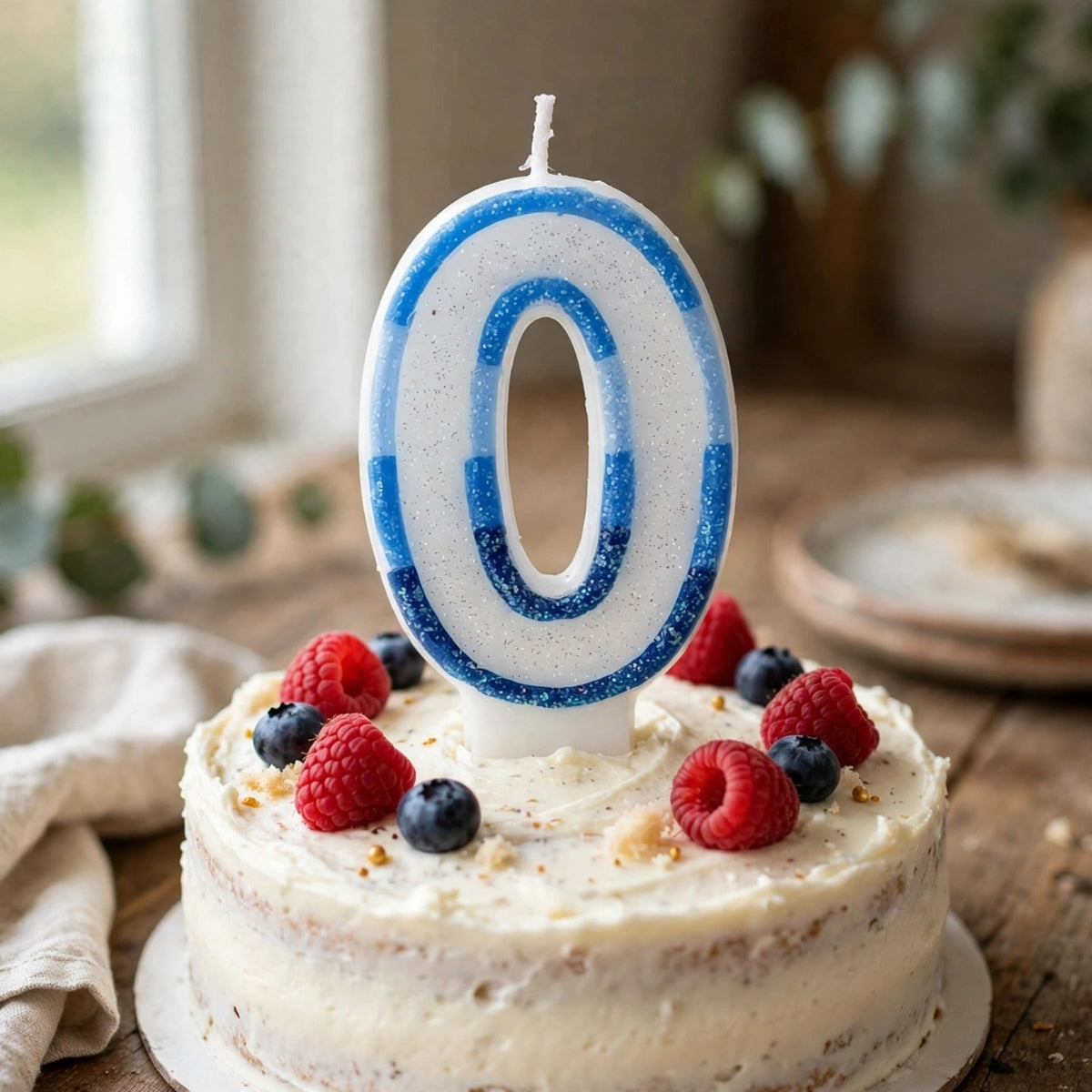 blue glitter number 0 birthday candle displayed on a birthday cake