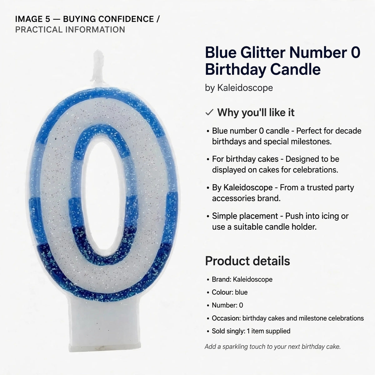 blue glitter number 0 candle by Kaleidoscope for birthday cakes and celebrations