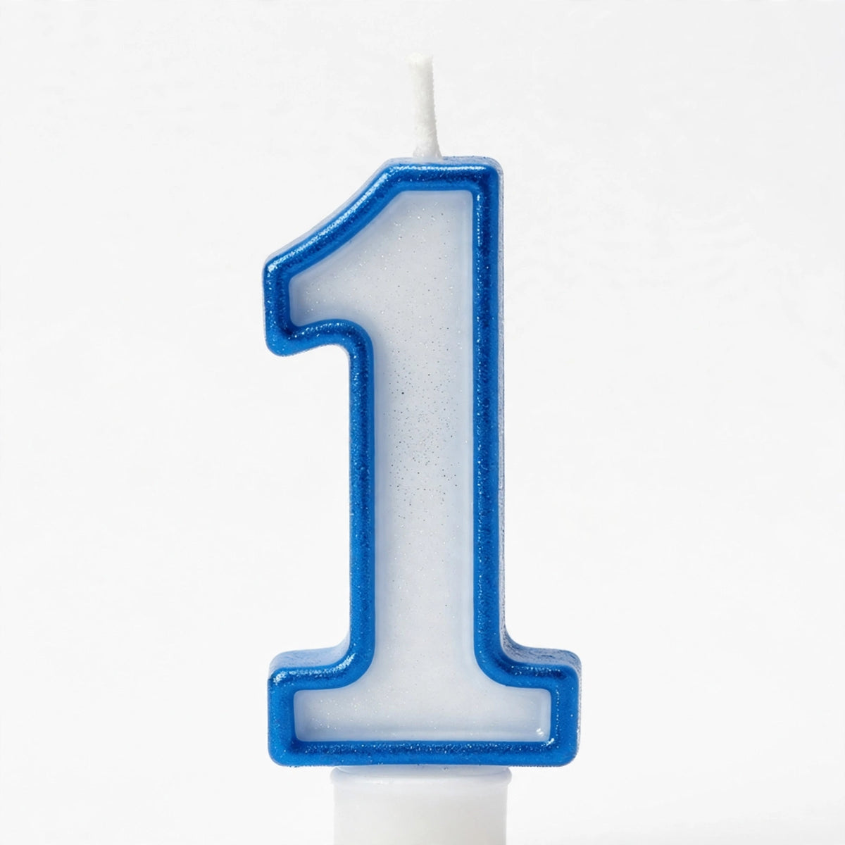 Close-up view of Blue Glitter Number 1 Birthday Candle
