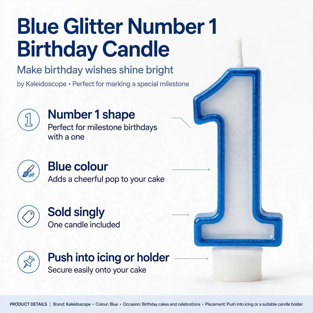 Infographic showing number 1 shape, blue colour, and usage by pushing into icing or candle holder