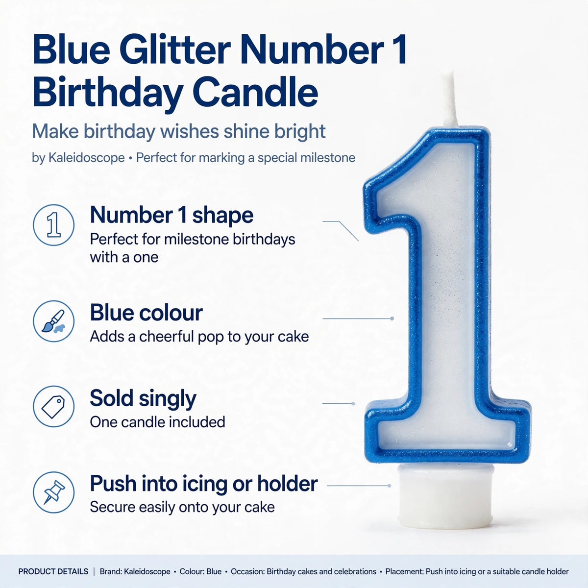 Infographic showing number 1 shape, blue colour, and usage by pushing into icing or candle holder