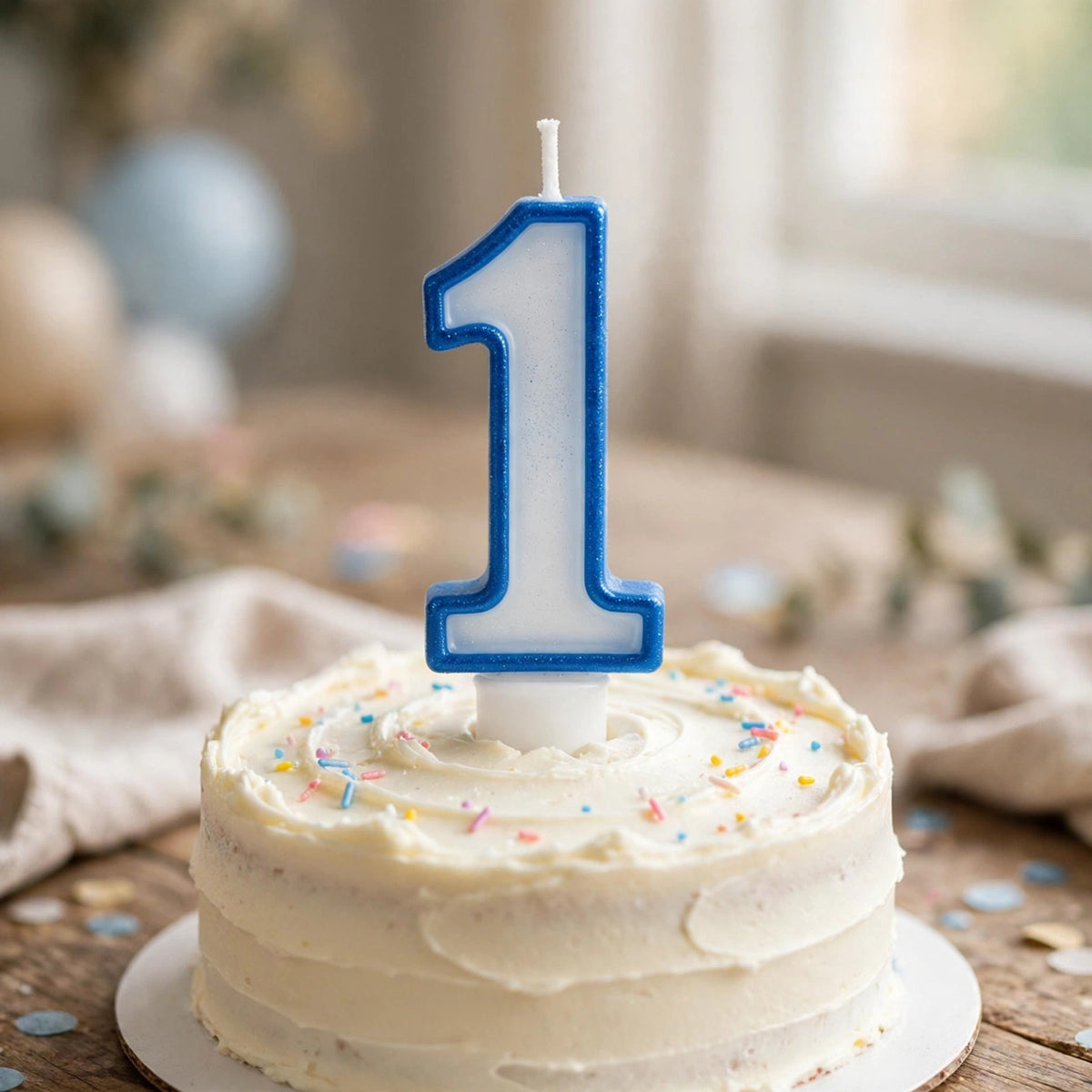 Blue Glitter Number 1 Birthday Candle placed on a birthday cake