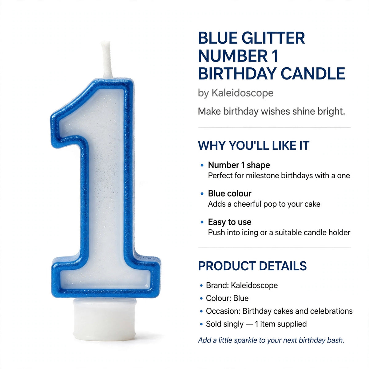Blue Glitter Number 1 Birthday Candle sold singly for birthday cakes and celebrations