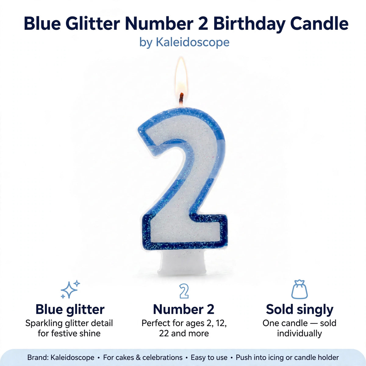 Blue glitter number 2 candle features for birthday cakes and celebrations