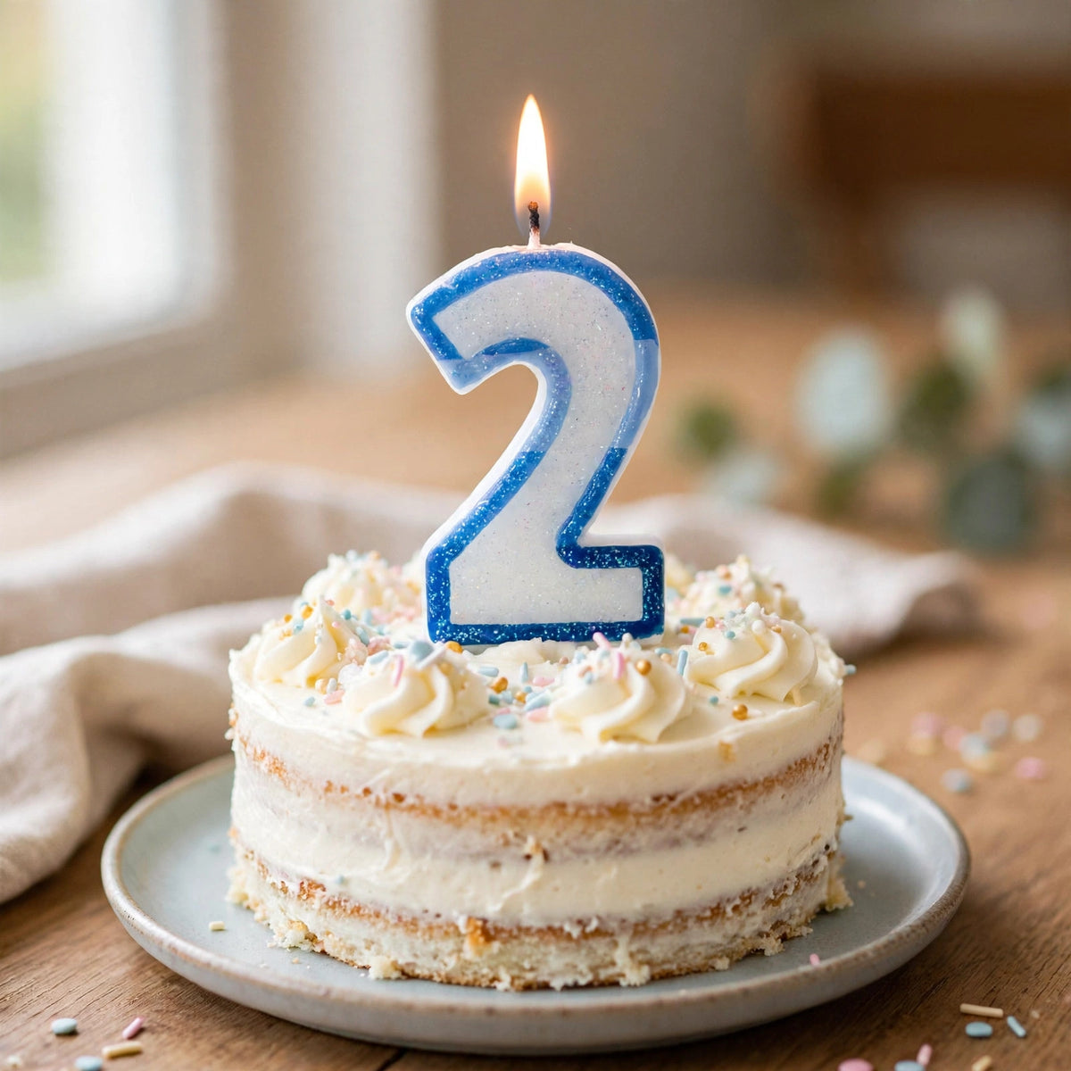 Blue glitter number 2 birthday candle pushed into birthday cake icing