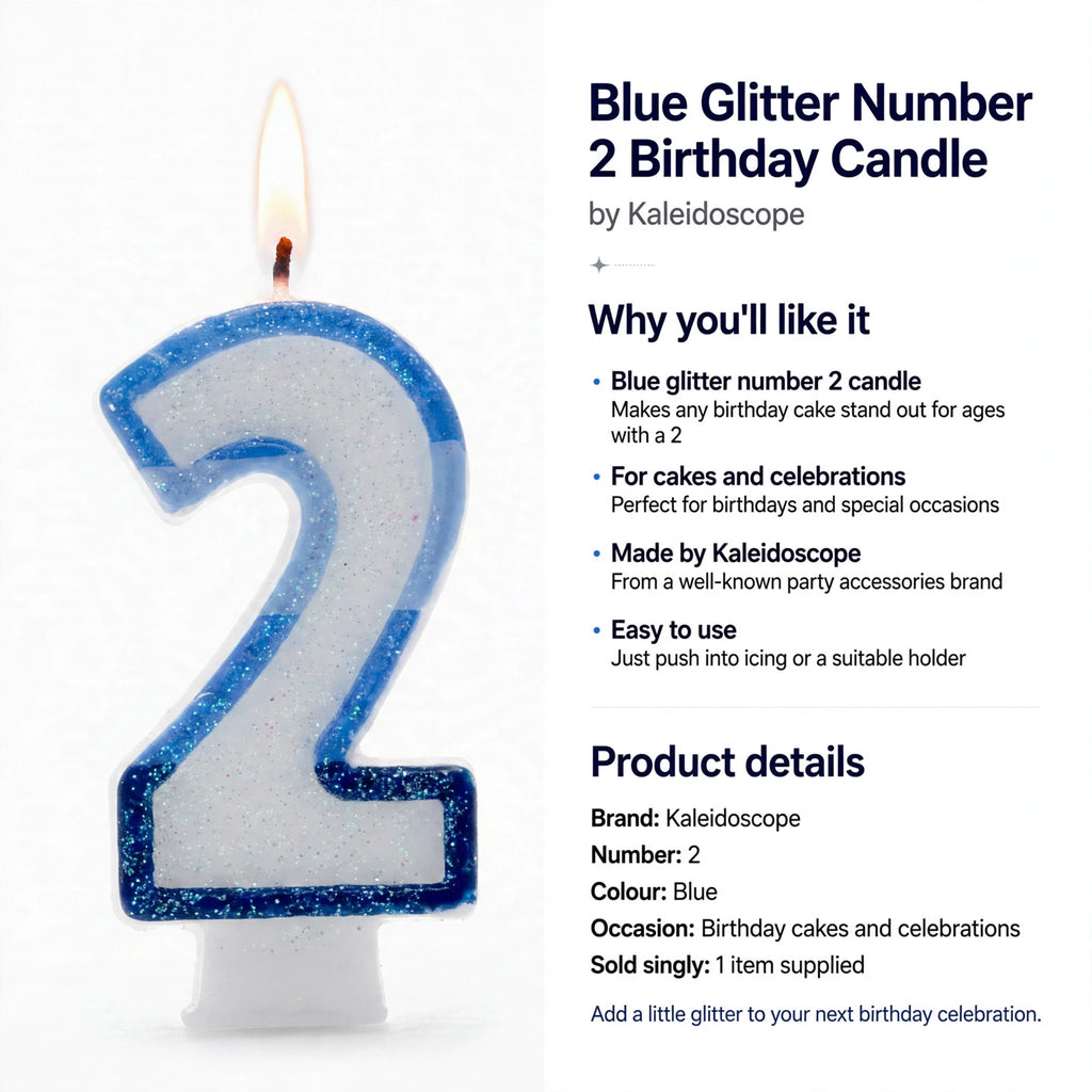 Blue glitter number 2 candle by Kaleidoscope for birthday cakes and celebrations