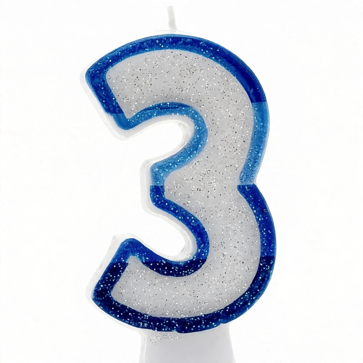 close-up view of blue glitter number 3 birthday candle