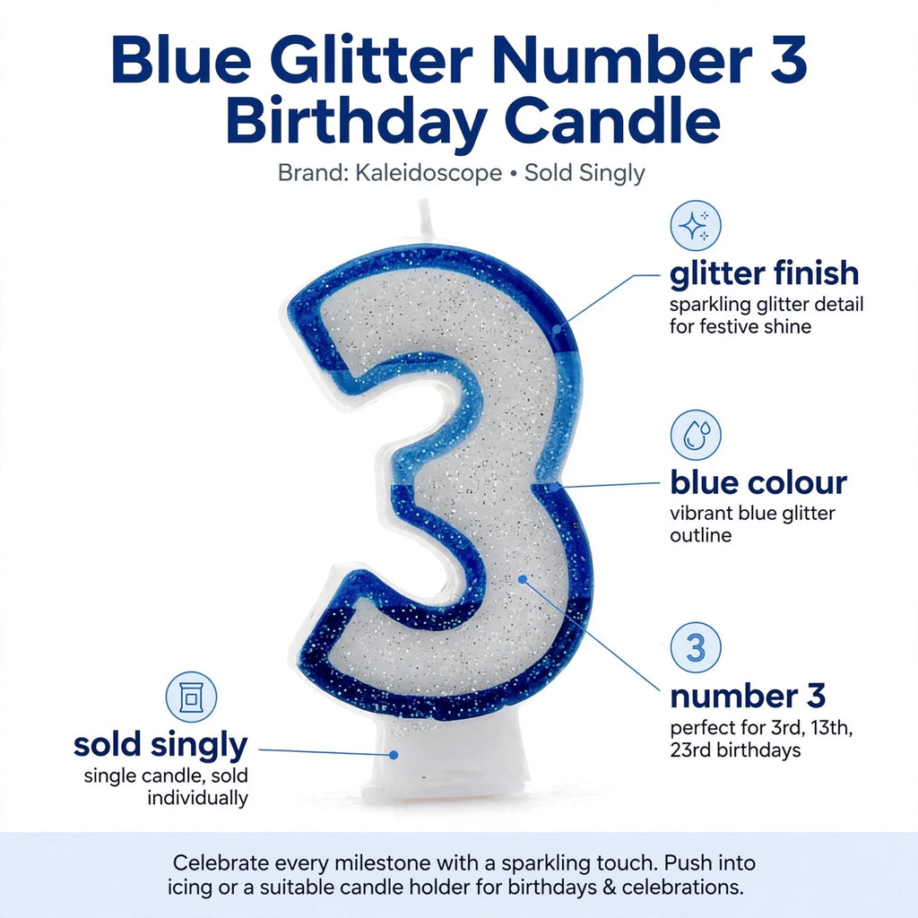blue glitter number 3 candle with instructions to push into icing or use candle holder
