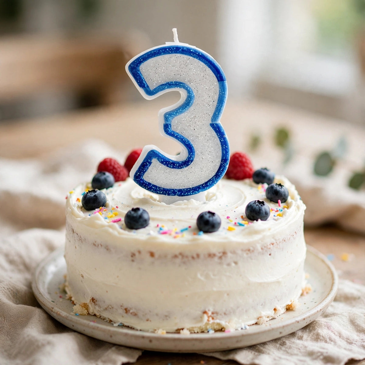blue glitter number 3 birthday candle placed on a birthday cake