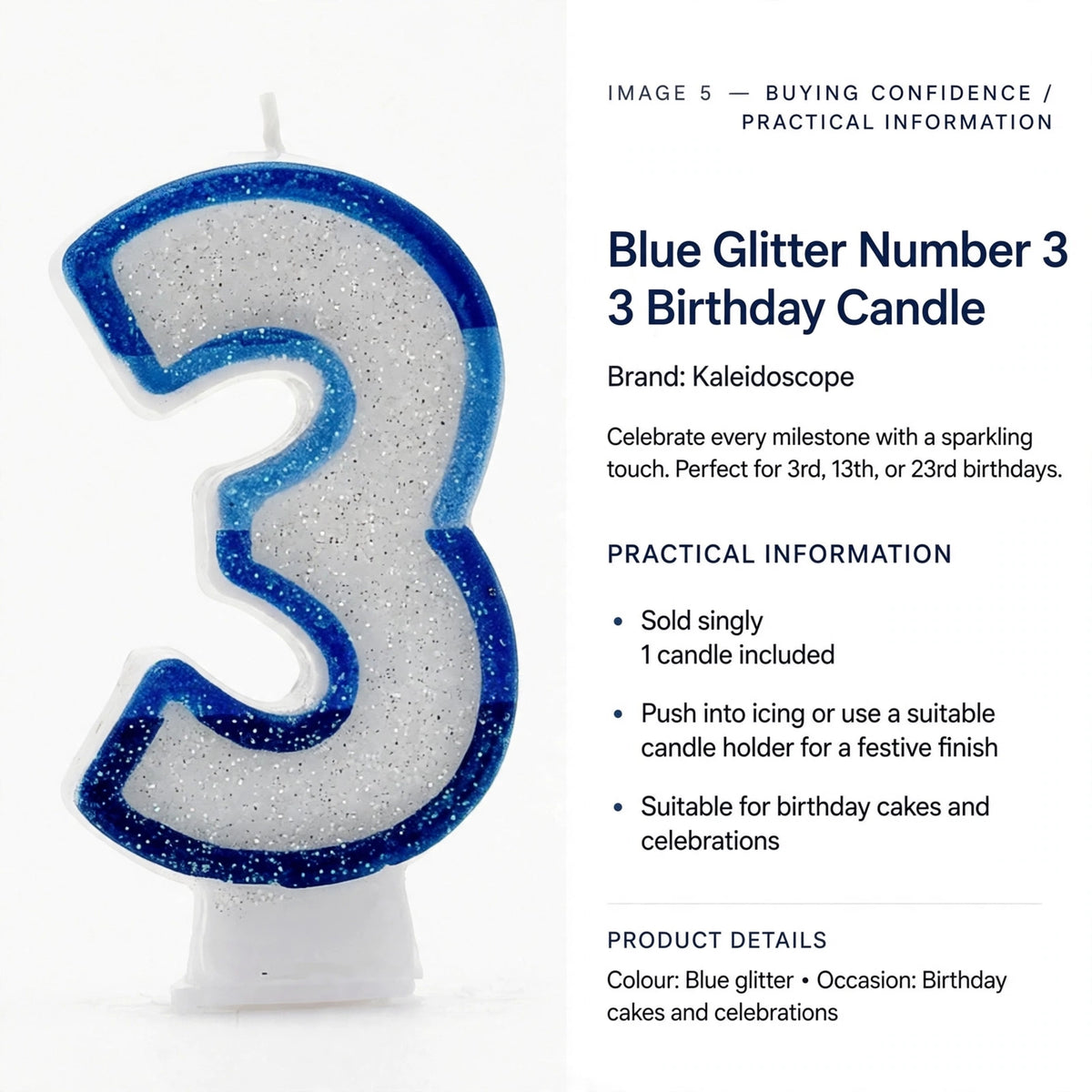 single blue glitter number 3 candle for birthday cakes and celebrations