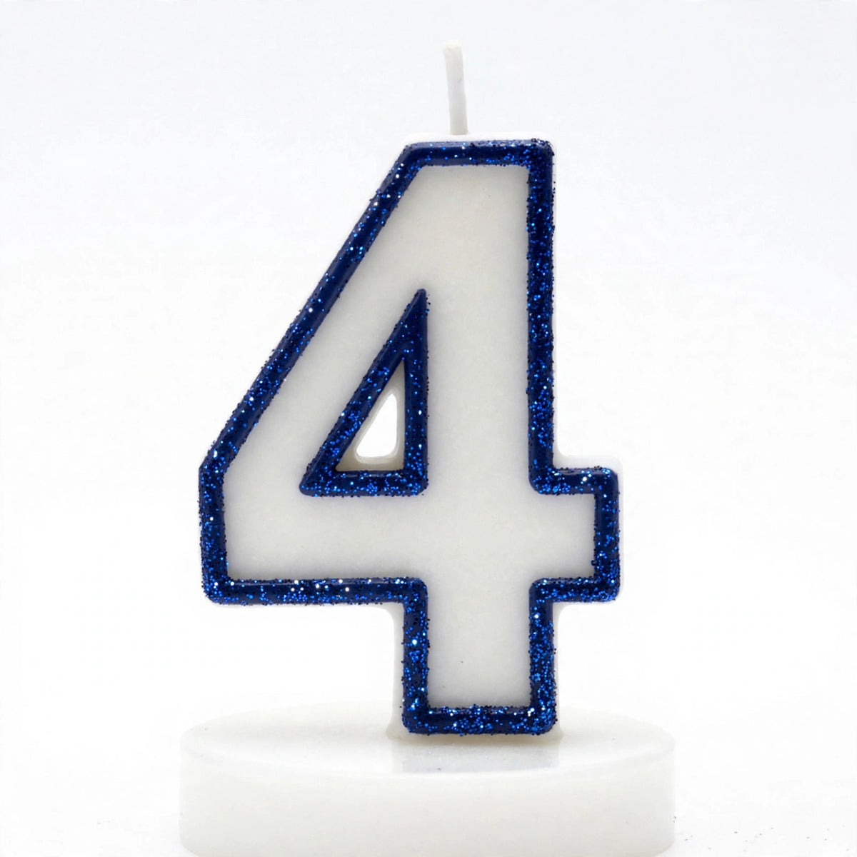 Close-up view of Blue Glitter Number 4 Birthday Candle showing blue glitter outline and white wax