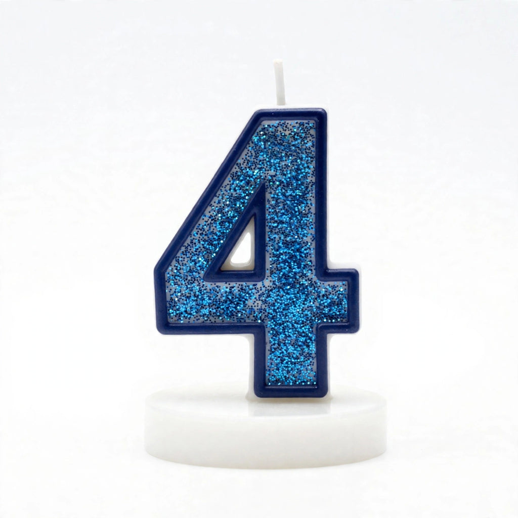Blue Glitter Number 4 Birthday Candle with white wax body and blue glitter outline
