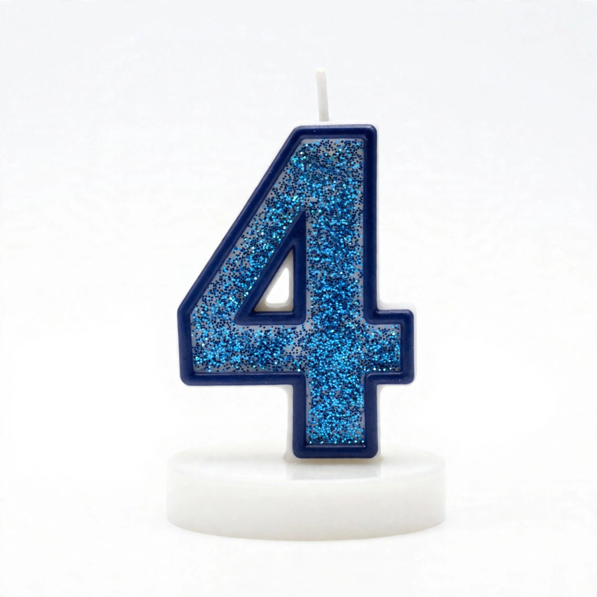 Blue Glitter Number 4 Birthday Candle with white wax body and blue glitter outline