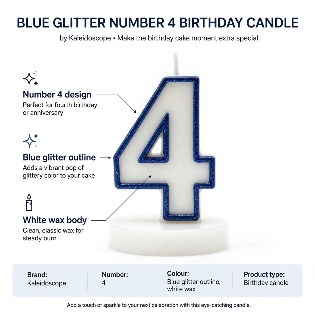 Infographic showing Number 4 design, blue glitter outline, and white wax body features