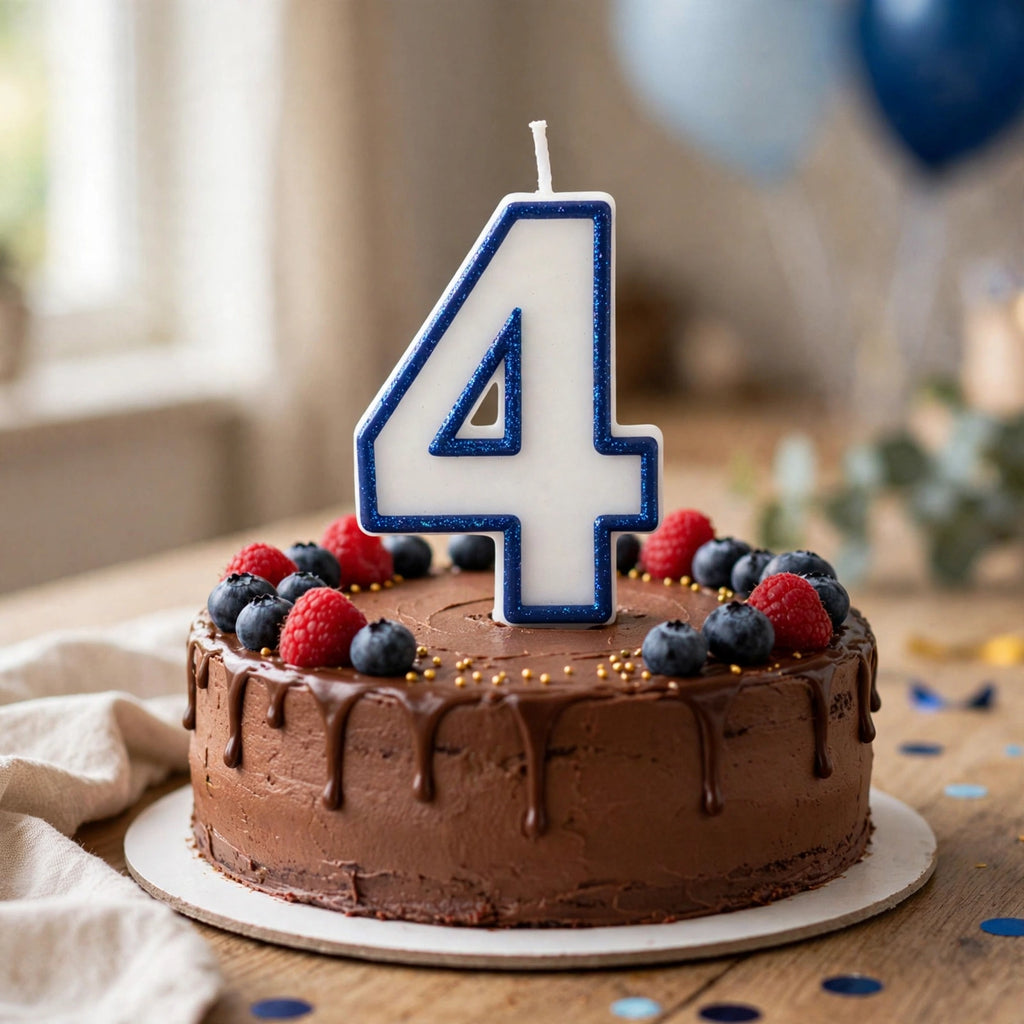 Blue Glitter Number 4 Birthday Candle placed on a birthday cake for a celebration