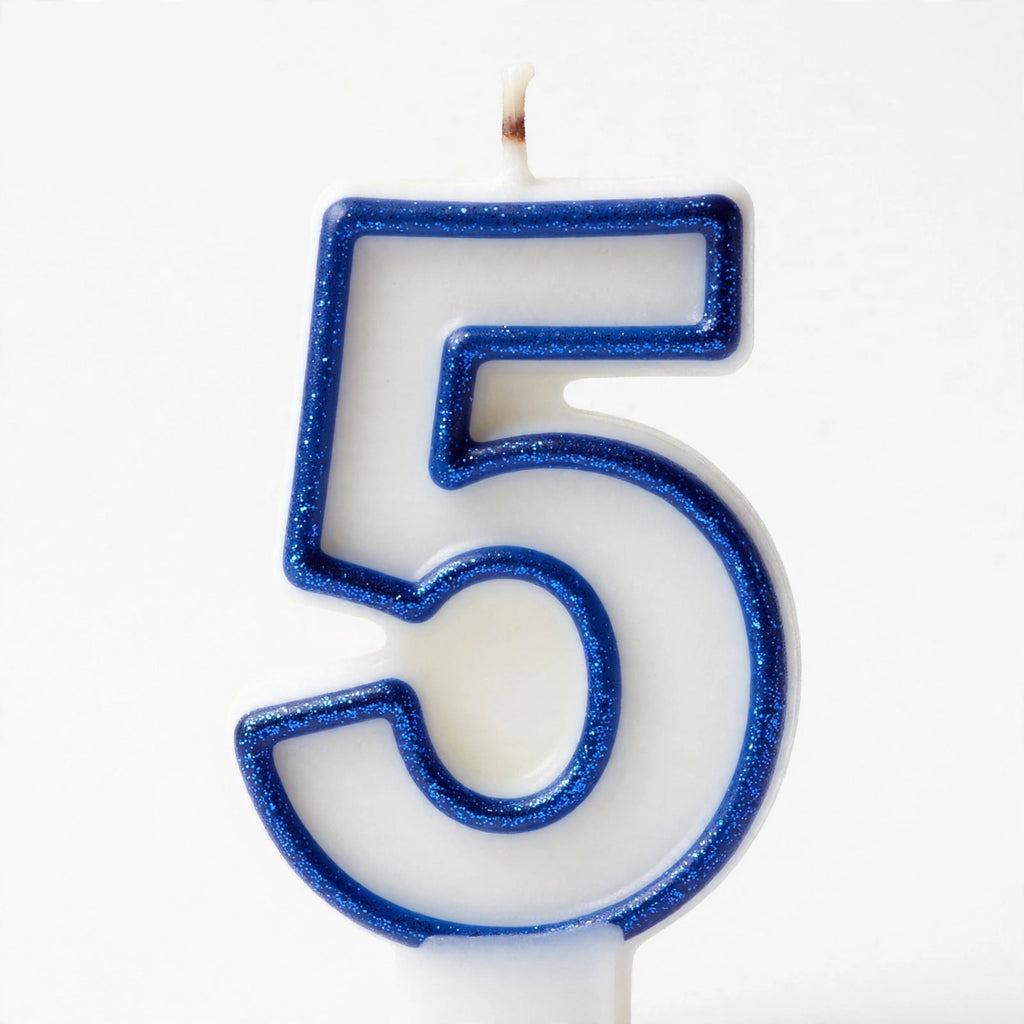 Close-up of Blue Glitter Number 5 Birthday Candle showing glitter texture