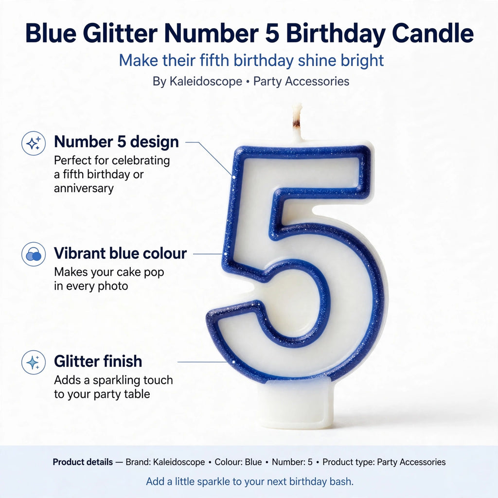 Number 5 design candle with vibrant blue colour and glitter finish