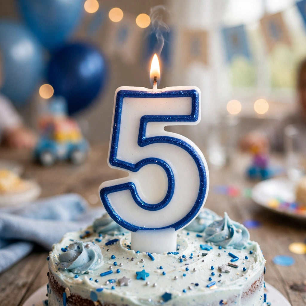 Blue Glitter Number 5 Birthday Candle placed on a birthday cake