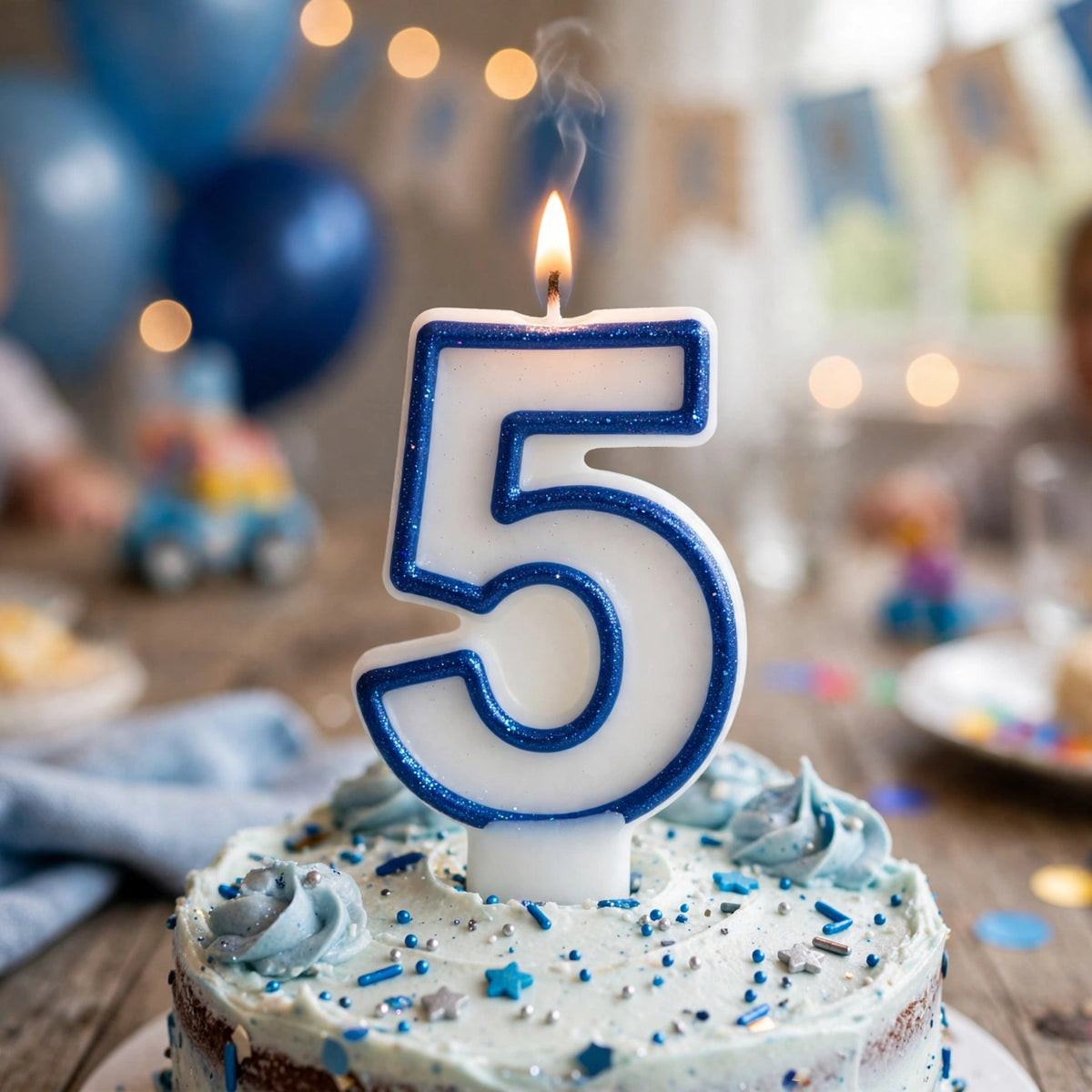 Blue Glitter Number 5 Birthday Candle placed on a birthday cake