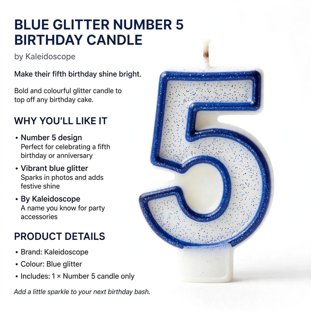 Blue Glitter Number 5 Birthday Candle by Kaleidoscope for birthday celebrations