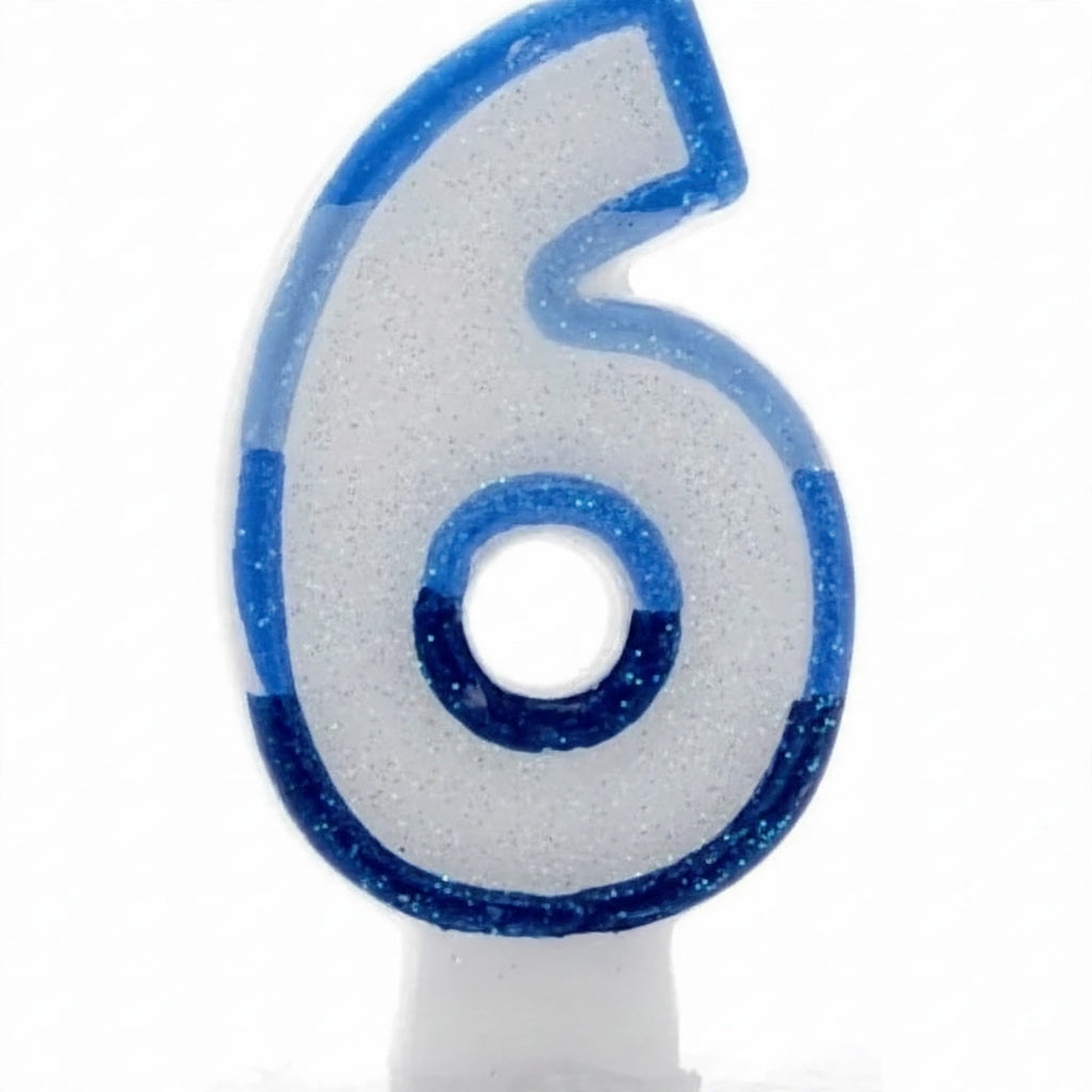 Close-up of Blue Glitter Number 6 Birthday Candle showing glitter detail