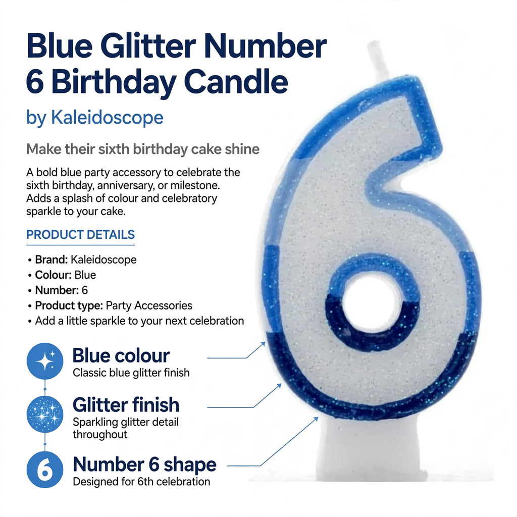 Blue Glitter Number 6 Birthday Candle features blue colour and glitter finish