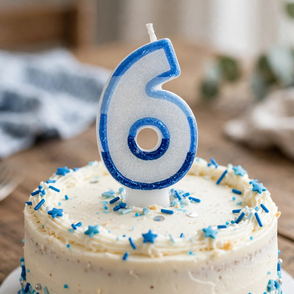 Blue Glitter Number 6 Birthday Candle placed on a birthday cake for a sixth birthday