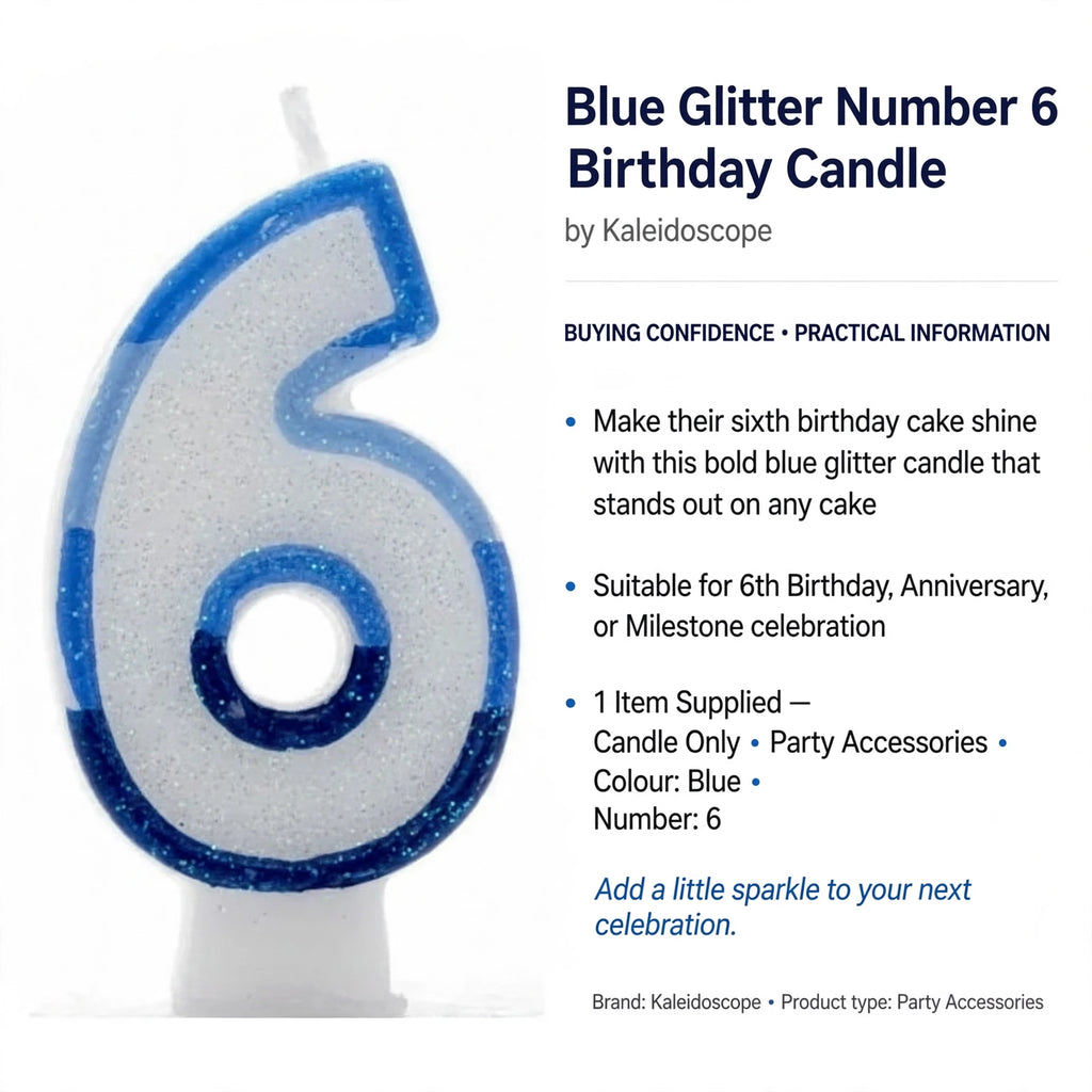 Blue Glitter Number 6 Birthday Candle suitable for sixth birthday celebrations