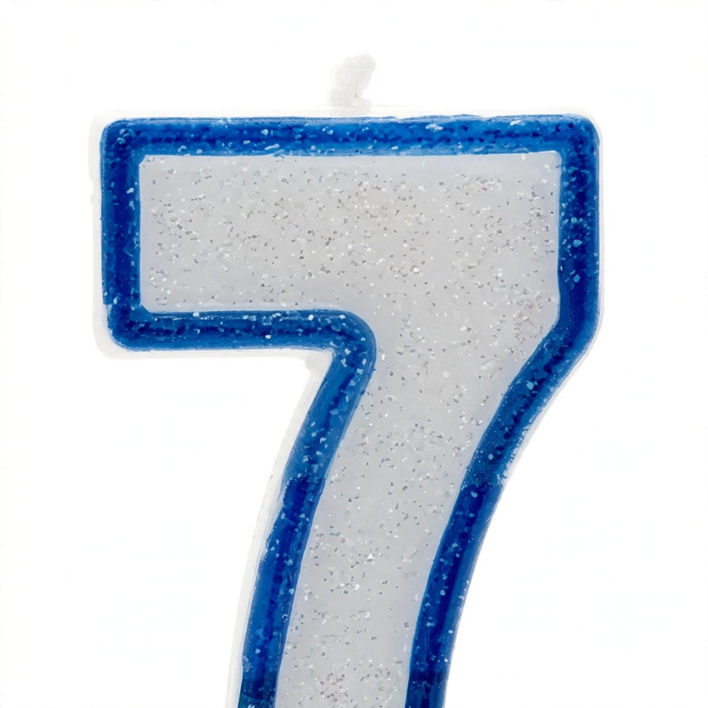 Close-up view of Blue Glitter Number 7 Birthday Candle showing blue border and white wax