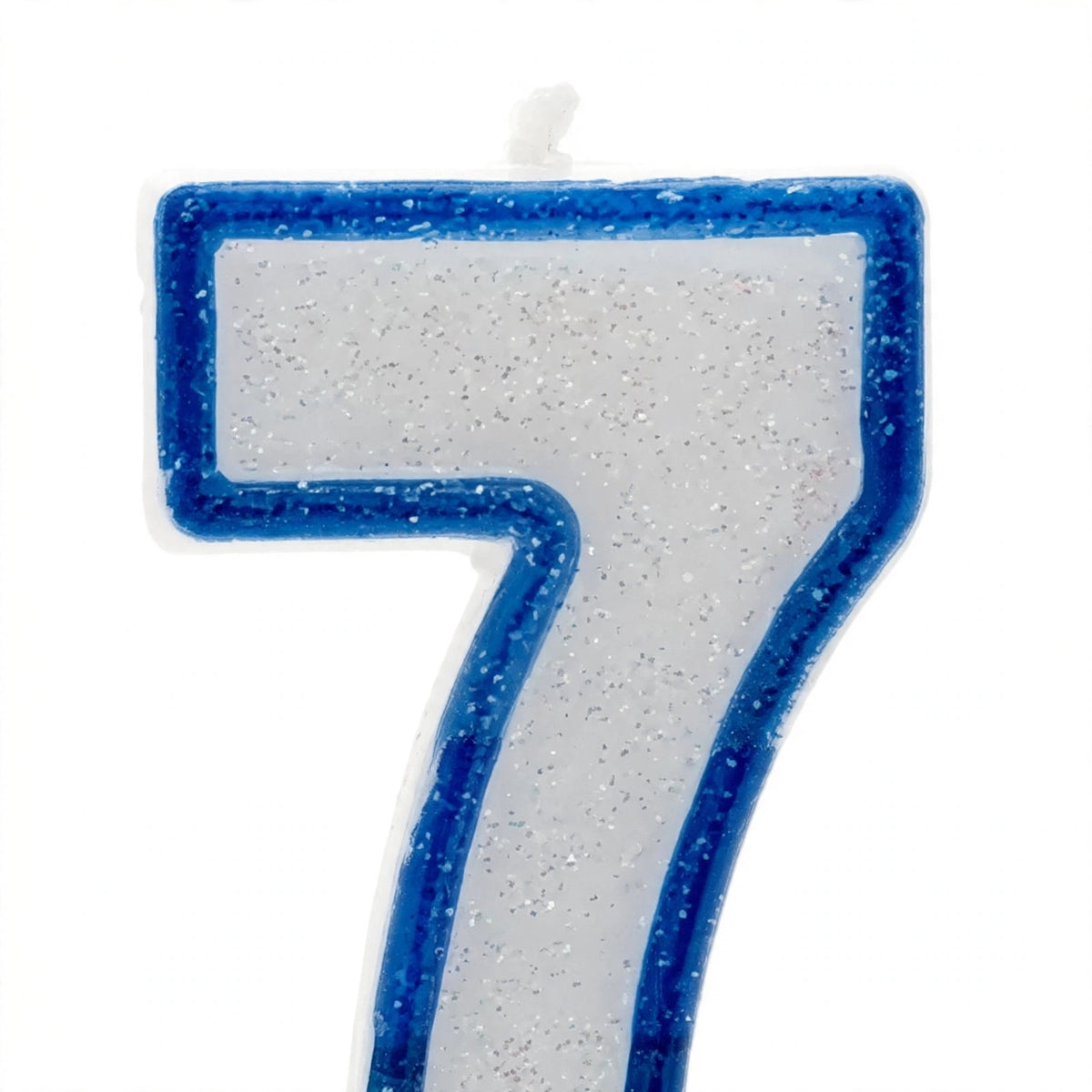 Close-up view of Blue Glitter Number 7 Birthday Candle showing blue border and white wax