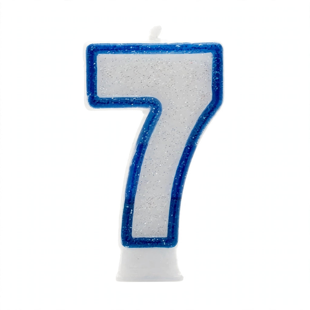 Blue Glitter Number 7 Birthday Candle with royal blue border on white wax