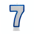 Blue Glitter Number 7 Birthday Candle with royal blue border on white wax