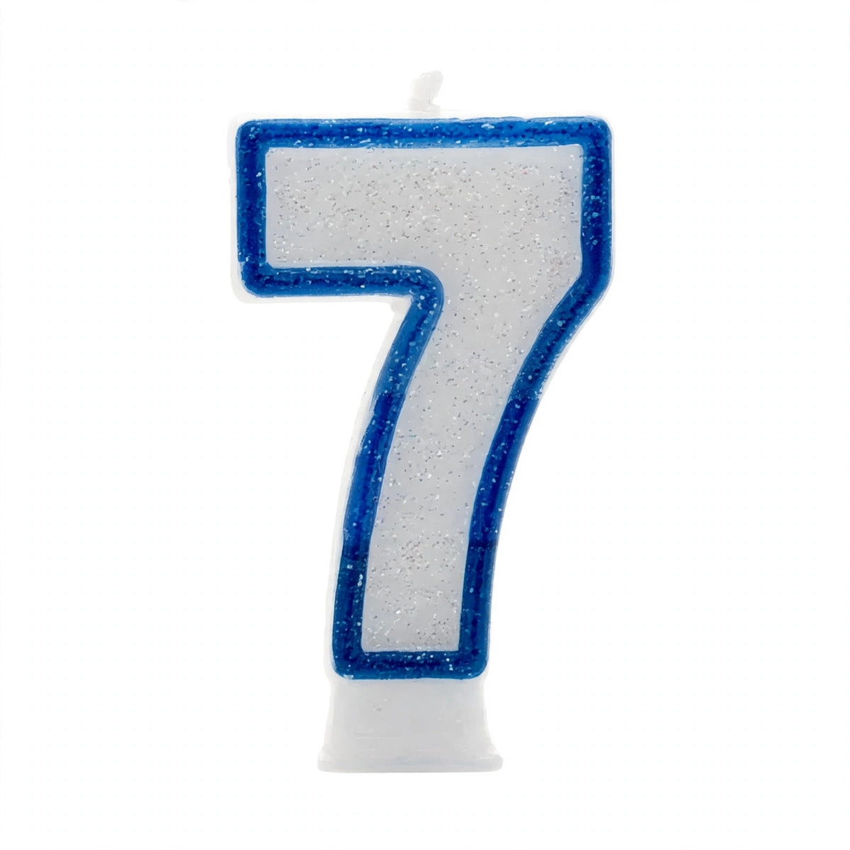 Blue Glitter Number 7 Birthday Candle with royal blue border on white wax