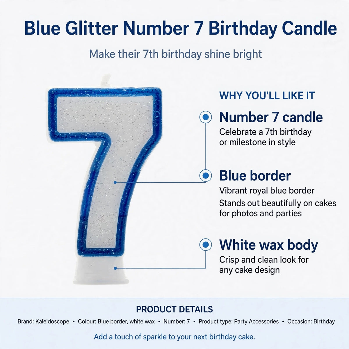 Features of Blue Glitter Number 7 Birthday Candle including number 7 shape, blue border, and white wax