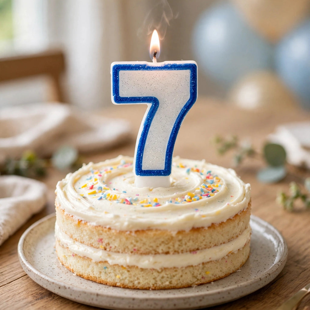 Blue Glitter Number 7 Birthday Candle placed on a birthday cake for a 7th birthday celebration