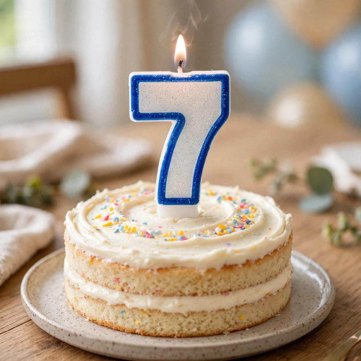 Blue Glitter Number 7 Birthday Candle placed on a birthday cake for a 7th birthday celebration
