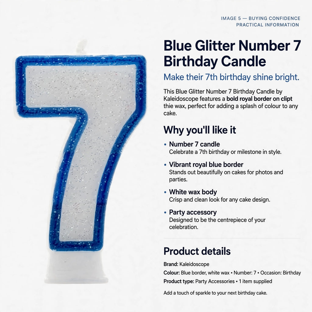 Blue Glitter Number 7 Birthday Candle designed as a party accessory for birthday celebrations