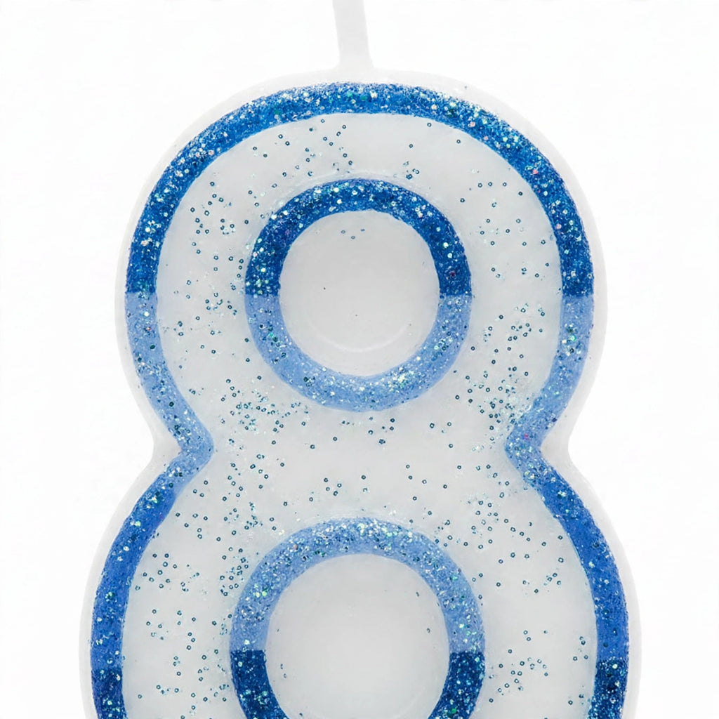 Close-up of Blue Glitter Number 8 Birthday Candle highlighting glitter border and wax body