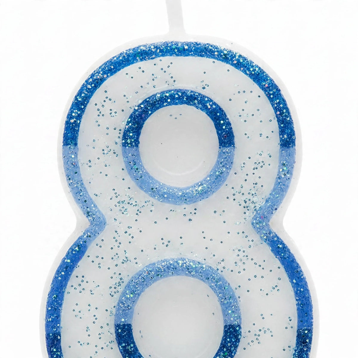 Close-up of Blue Glitter Number 8 Birthday Candle highlighting glitter border and wax body