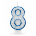 Blue Glitter Number 8 Birthday Candle with white wax body and blue glitter border
