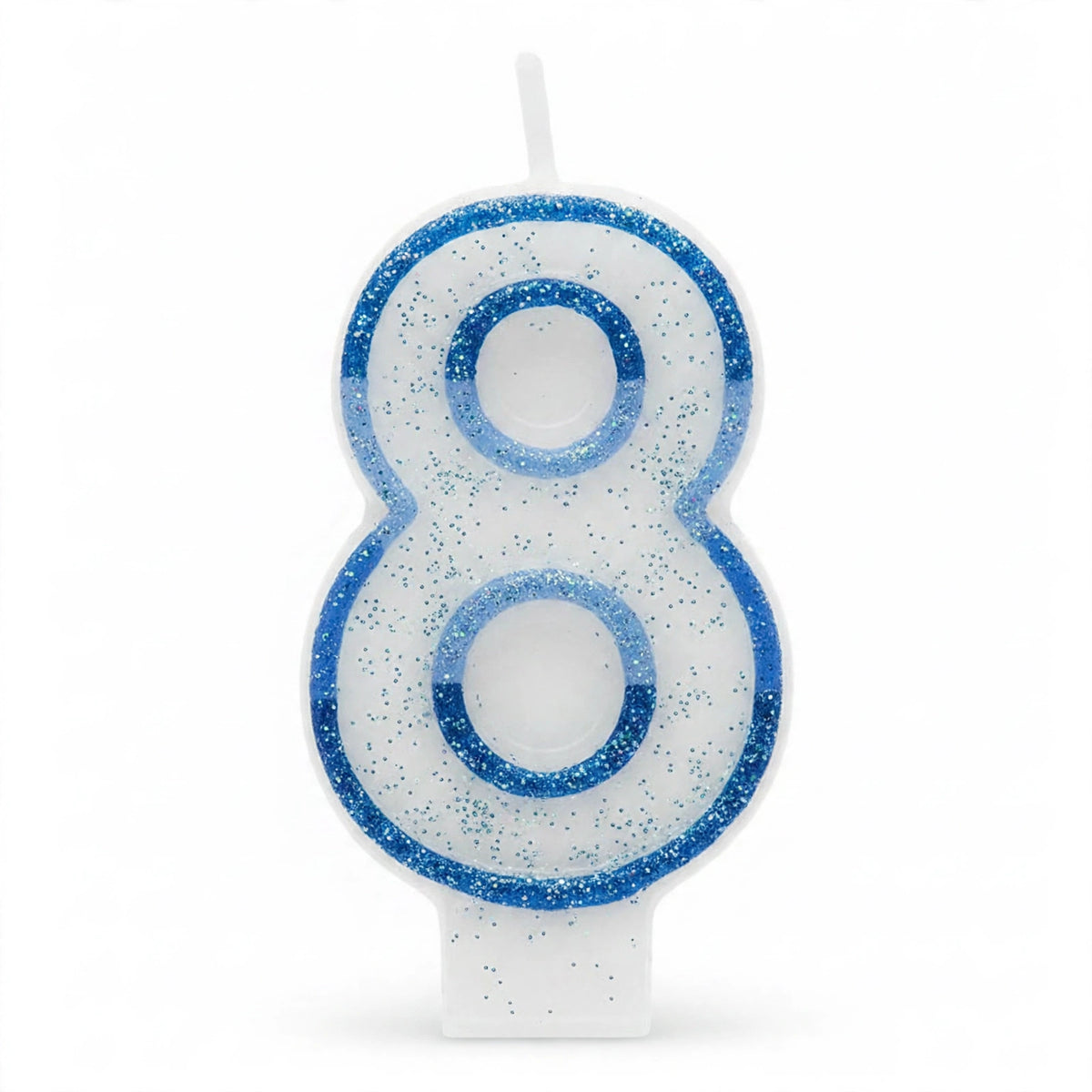 Blue Glitter Number 8 Birthday Candle with white wax body and blue glitter border