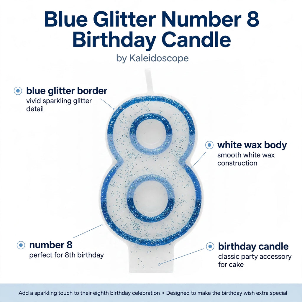 Blue Glitter Number 8 Birthday Candle showing blue glitter border and white wax body