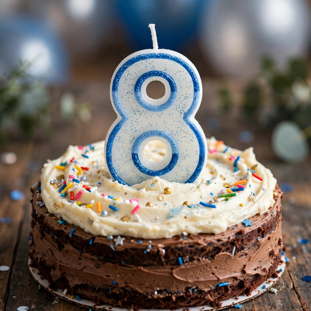 Blue Glitter Number 8 Birthday Candle placed on a birthday cake for an eighth birthday celebration