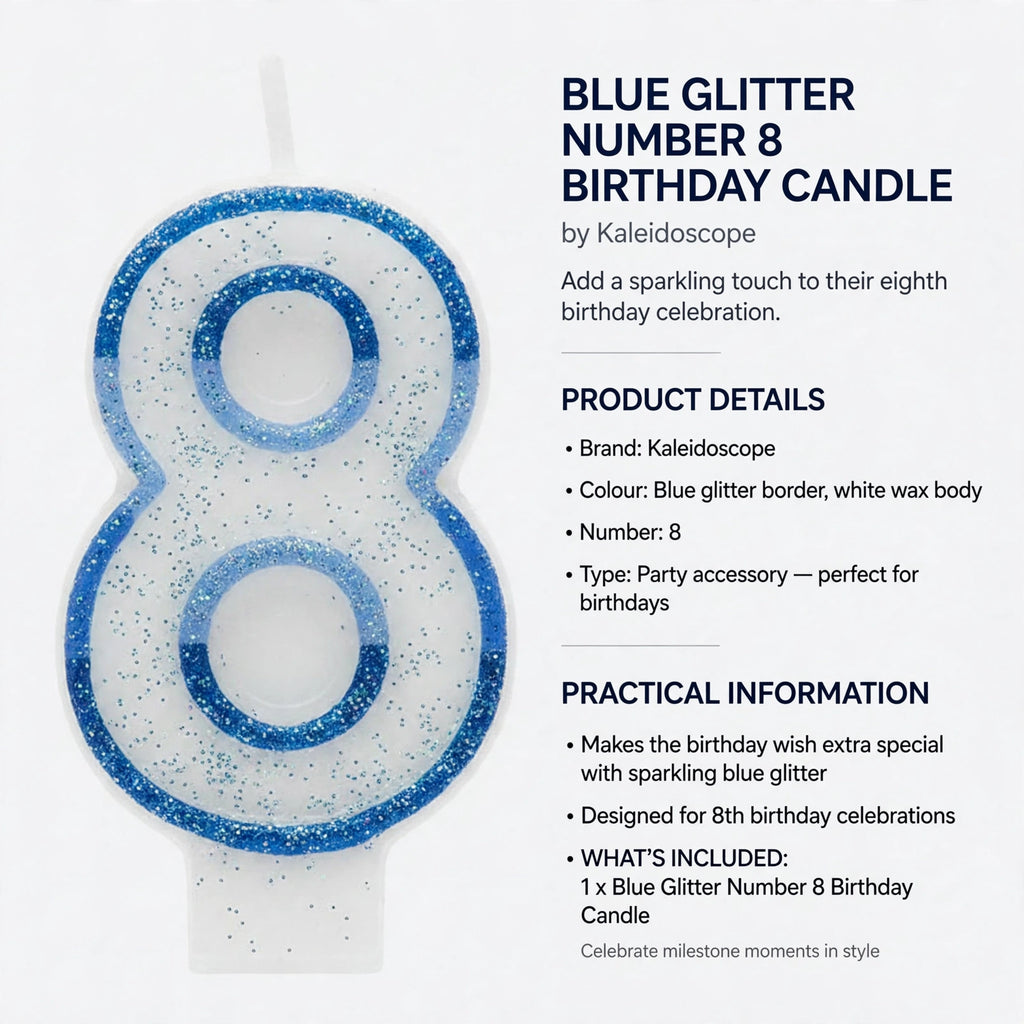 Blue Glitter Number 8 Birthday Candle designed as a party accessory for birthday celebrations