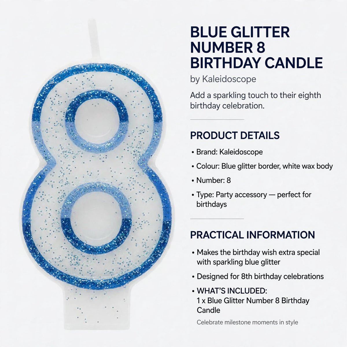 Blue Glitter Number 8 Birthday Candle designed as a party accessory for birthday celebrations