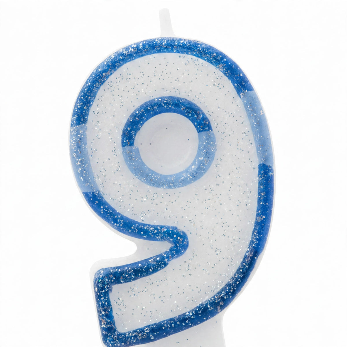 Close-up view of Blue Glitter Number 9 Birthday Candle highlighting glitter border and white wax