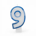Blue Glitter Number 9 Birthday Candle with white wax body and blue glitter border