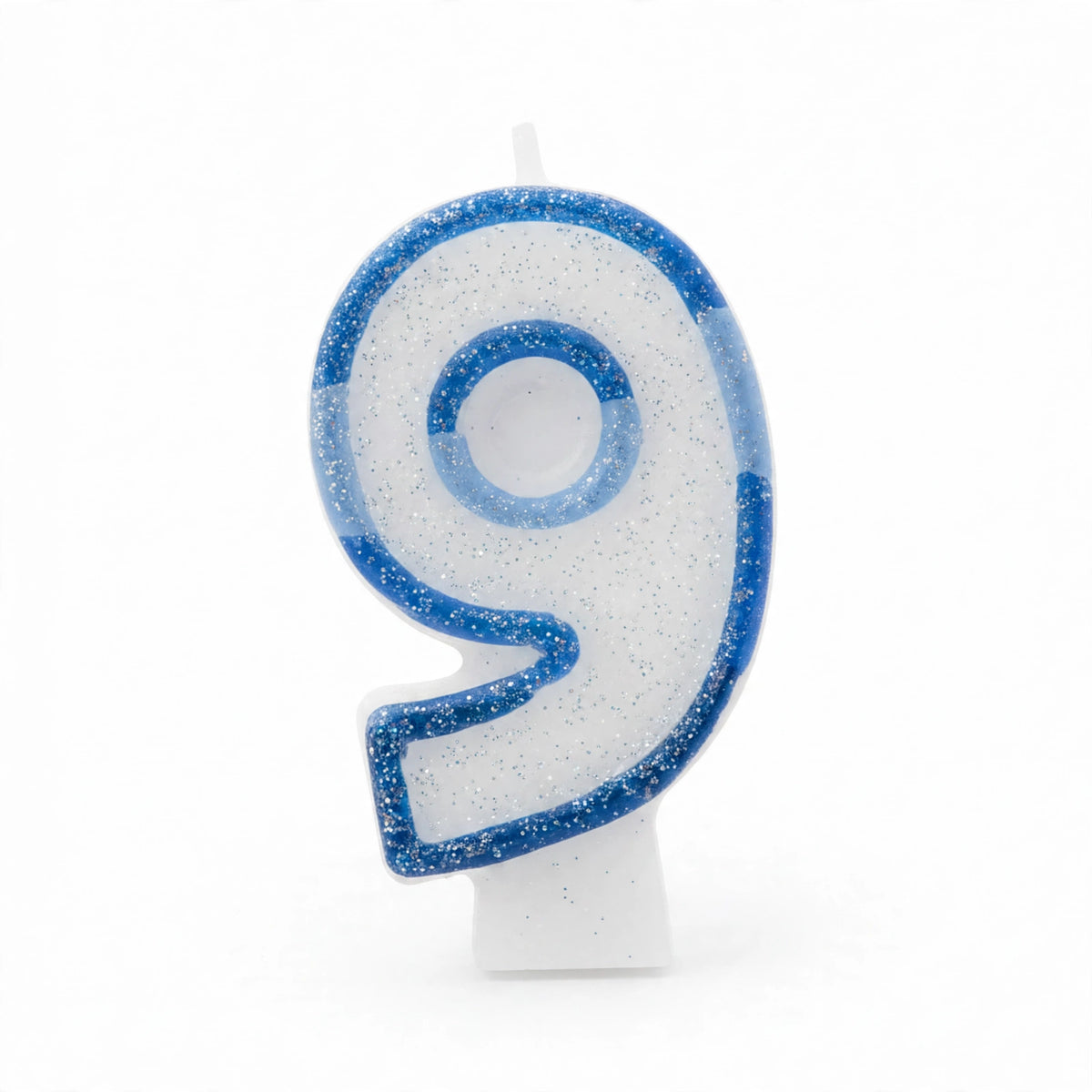Blue Glitter Number 9 Birthday Candle with white wax body and blue glitter border