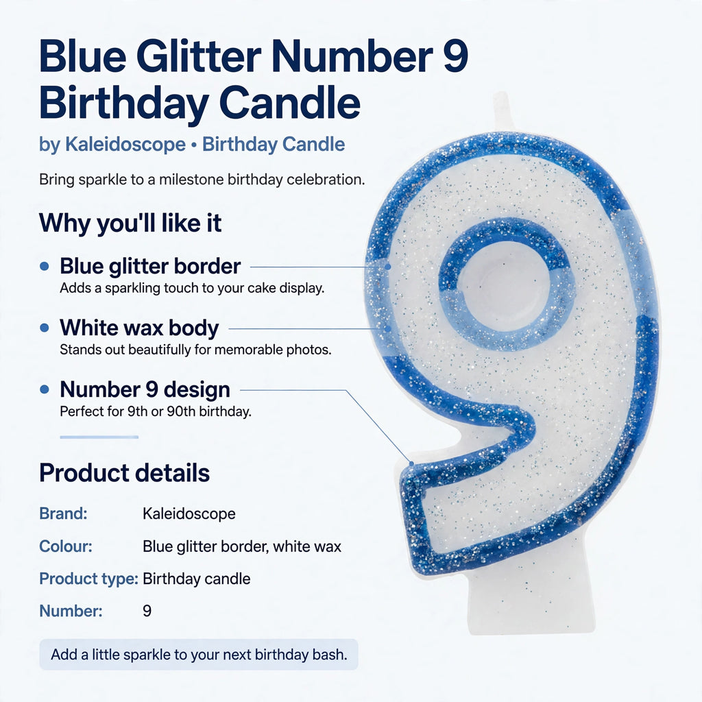 Infographic showing blue glitter border, white wax body, and number 9 design features