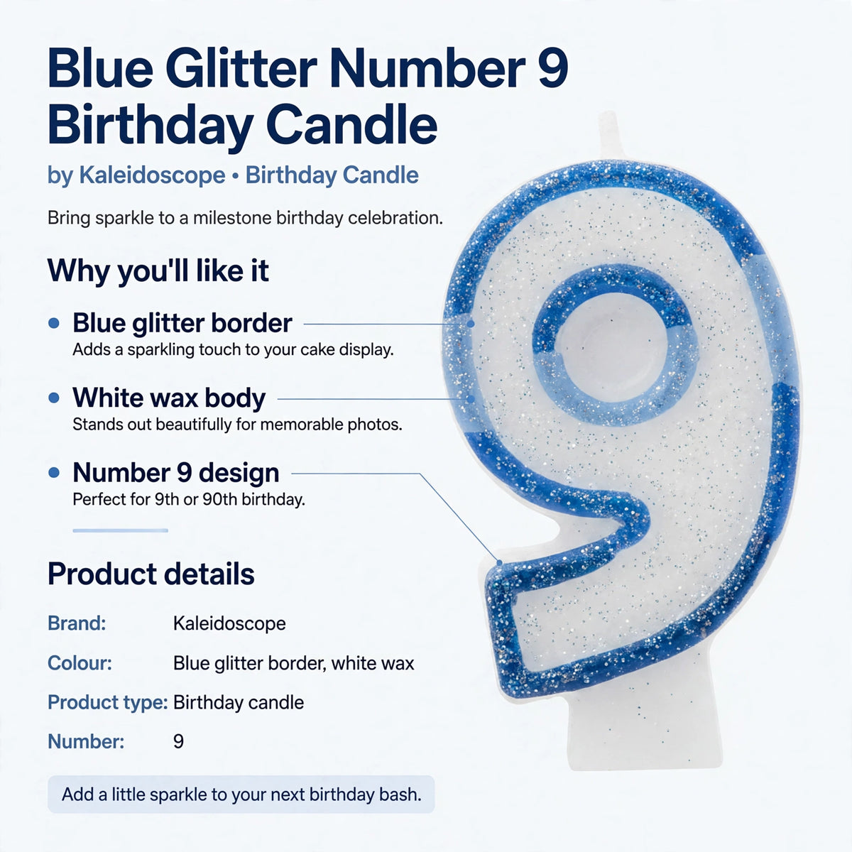 Infographic showing blue glitter border, white wax body, and number 9 design features